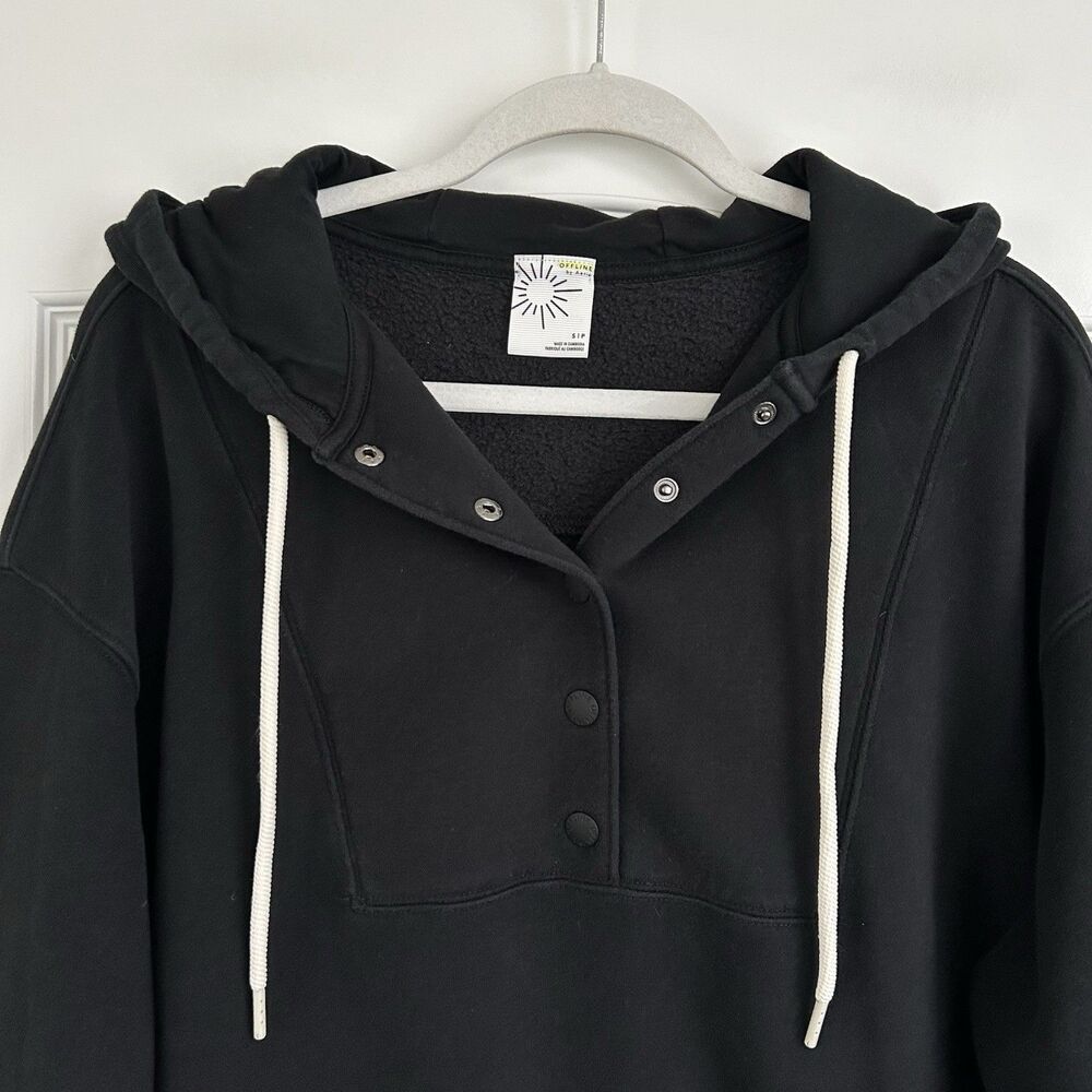 Offline By Aerie Cloud Fleece Snap Front Hoodie Womens Size S Black Oversized - Picture 2 of 10